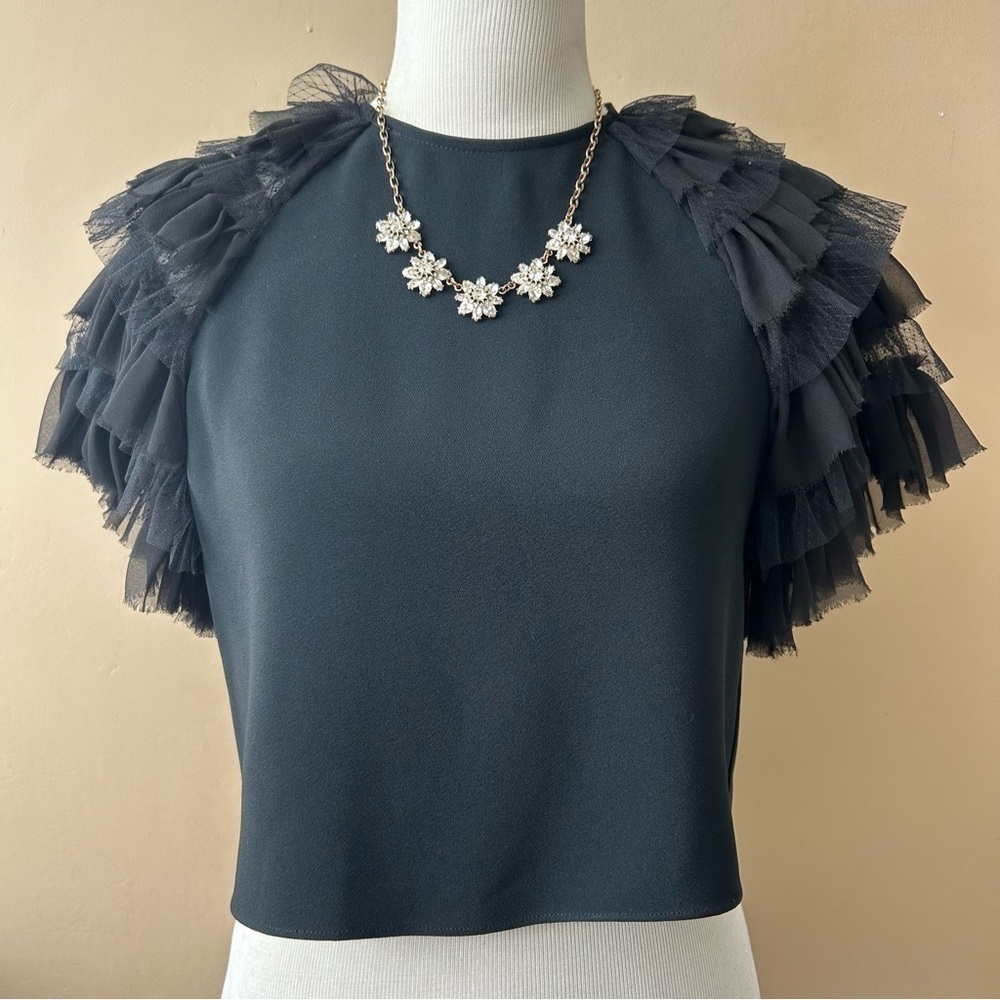 Alexis Saffi Ruffle Sleeve Top Tie Back Black Crepe Size Small - Picture 2 of 12